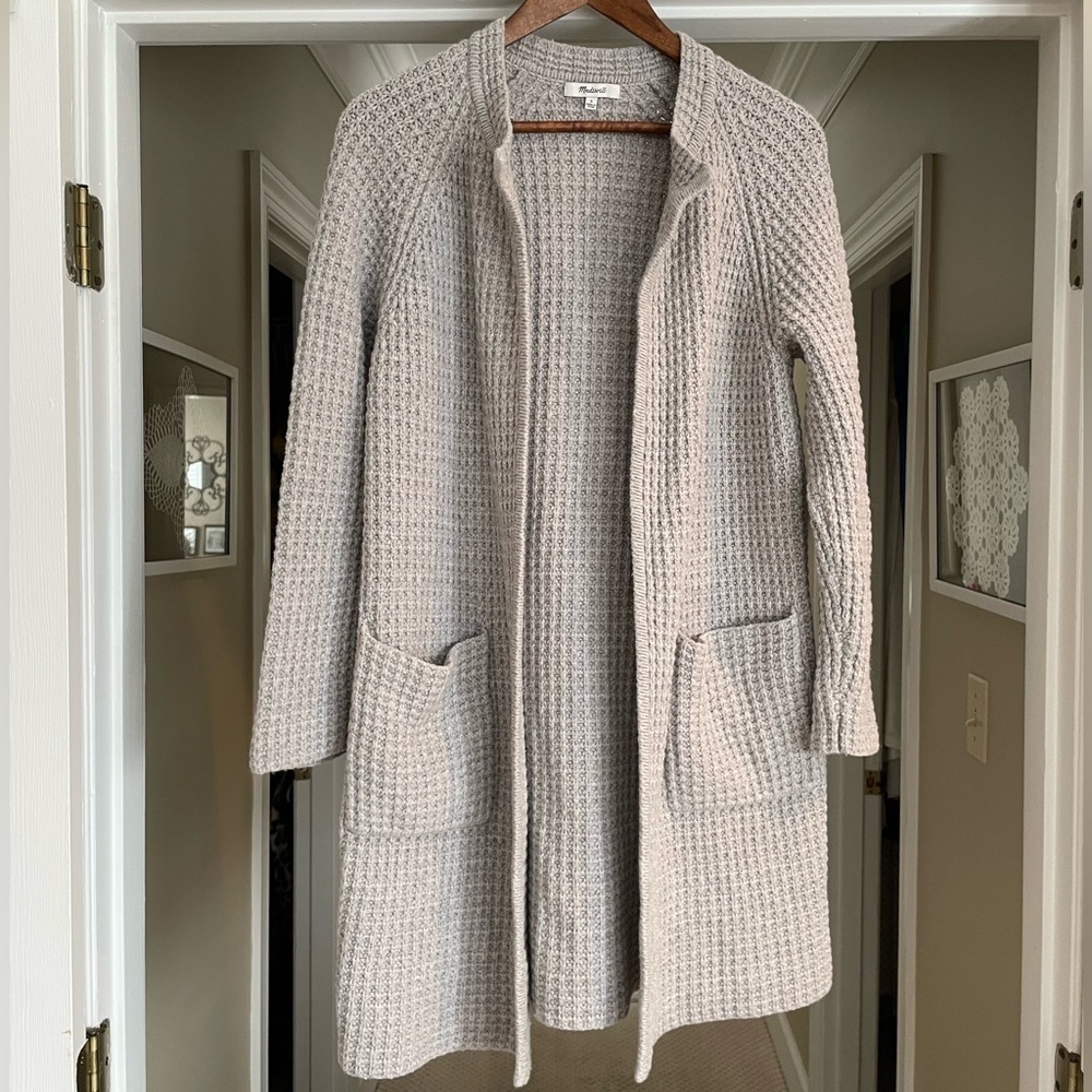 Madewell Waffle Stitch Long Sweater Cardigan Coat Pockets Gray/Silver Wool Blend - Picture 3 of 16